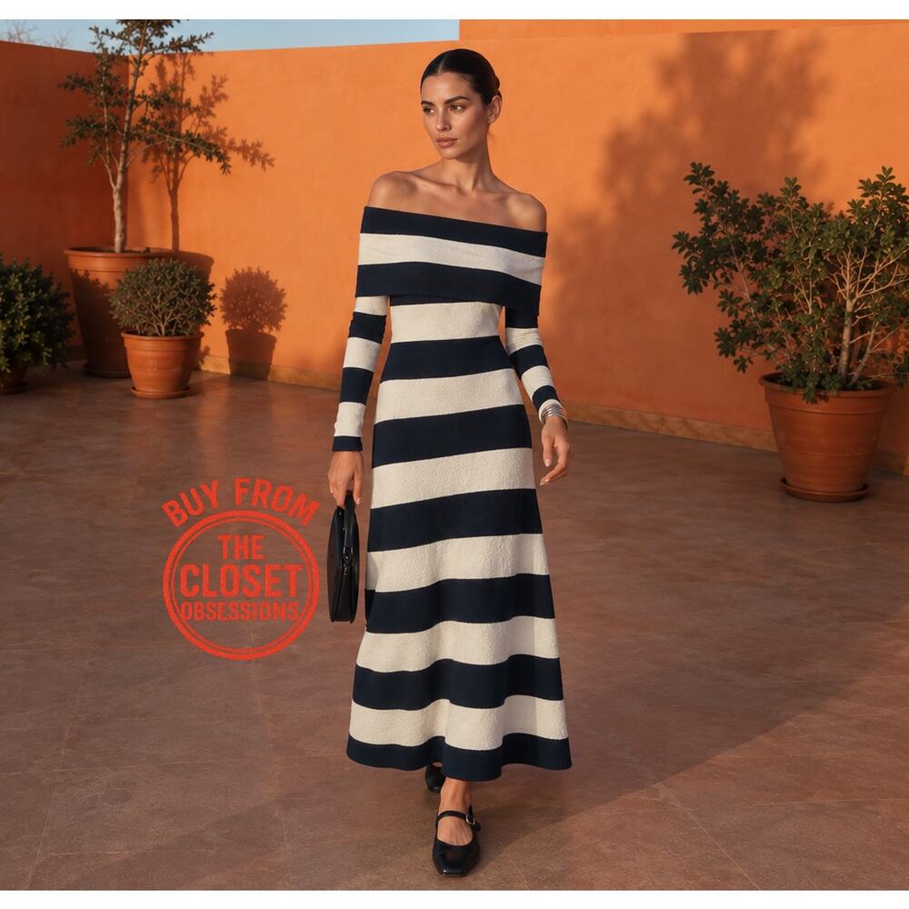 ZARA Striped Knit Off Shoulder Midi Dress NWT Size M - Picture 2 of 16